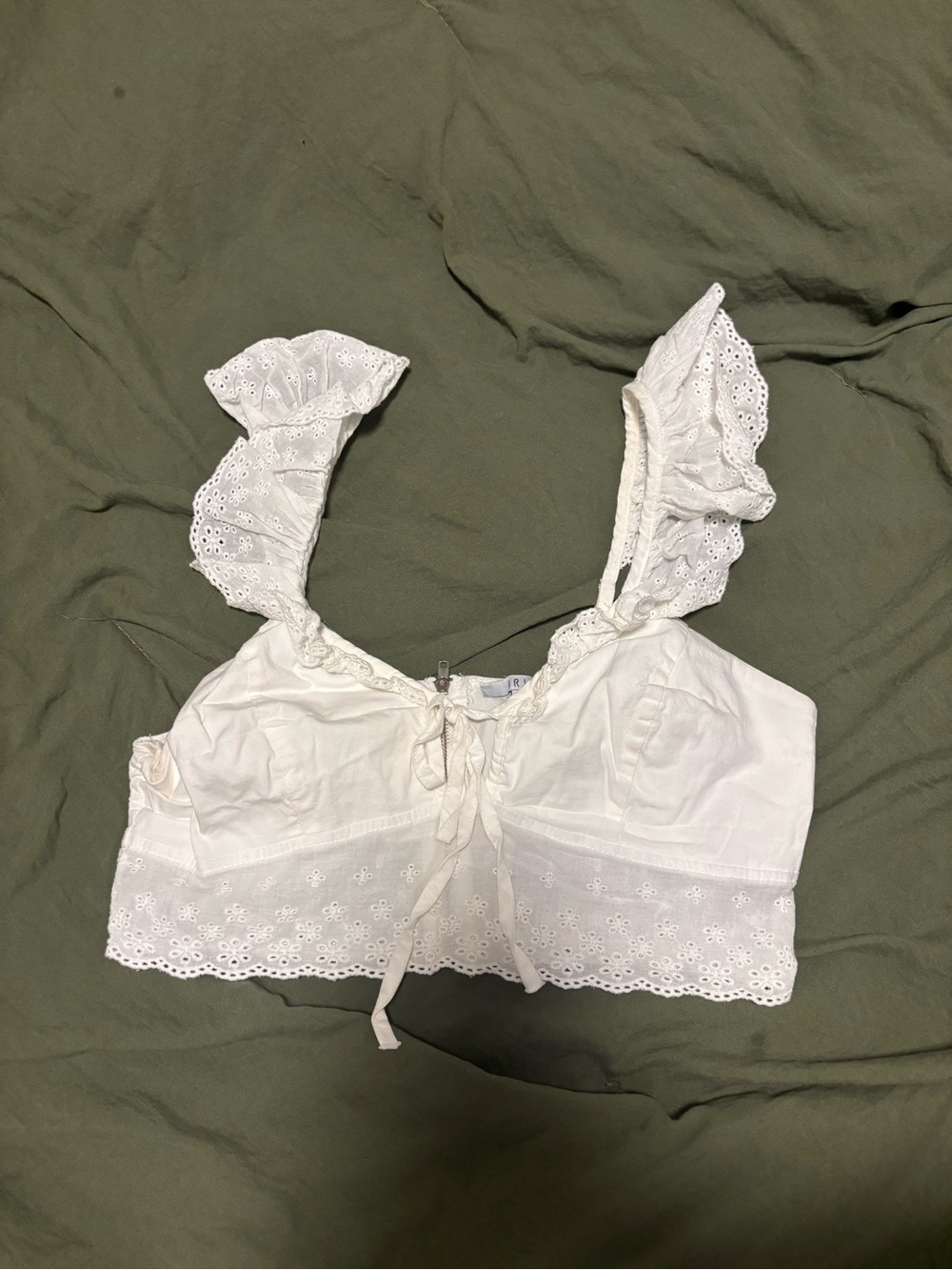 iris White Eyelet Ruffle Tie-Front Crop Top